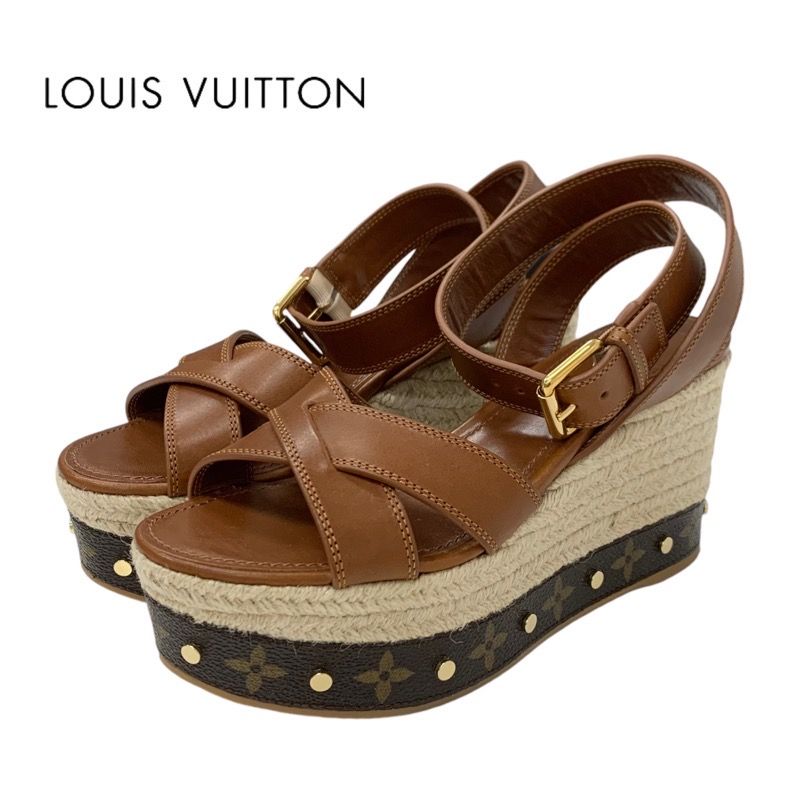 Louis Vuitton Boundary Monogram Sandals Shoes Leather Brown Gold Ankle Strap