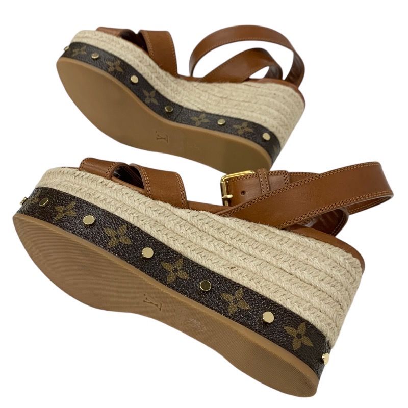 Louis Vuitton Boundary Monogram Sandals Shoes Leather Brown Gold Ankle Strap