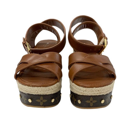 Louis Vuitton Boundary Monogram Sandals Shoes Leather Brown Gold Ankle Strap