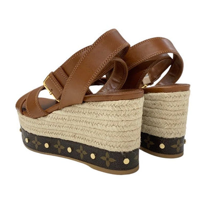 Louis Vuitton Boundary Monogram Sandals Shoes Leather Brown Gold Ankle Strap