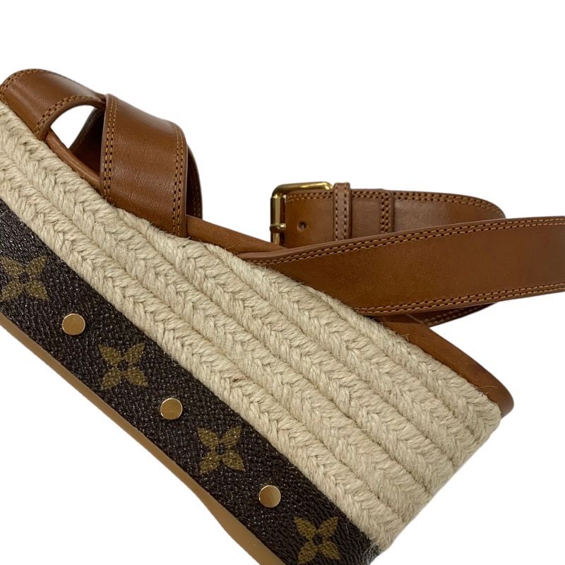 Louis Vuitton Boundary Monogram Sandals Shoes Leather Brown Gold Ankle Strap