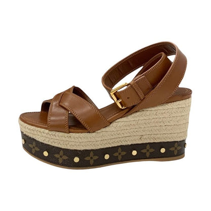 Louis Vuitton Boundary Monogram Sandals Shoes Leather Brown Gold Ankle Strap