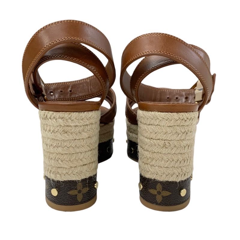 Louis Vuitton Boundary Monogram Sandals Shoes Leather Brown Gold Ankle Strap