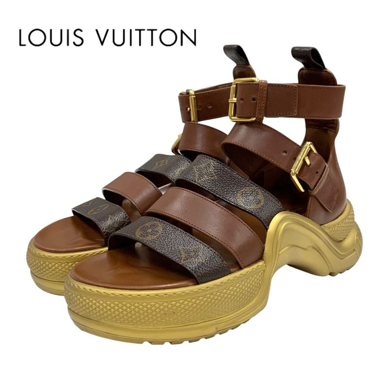 Louis Vuitton Arclight Line Monogram Sandals Shoes Leather Brown Gold