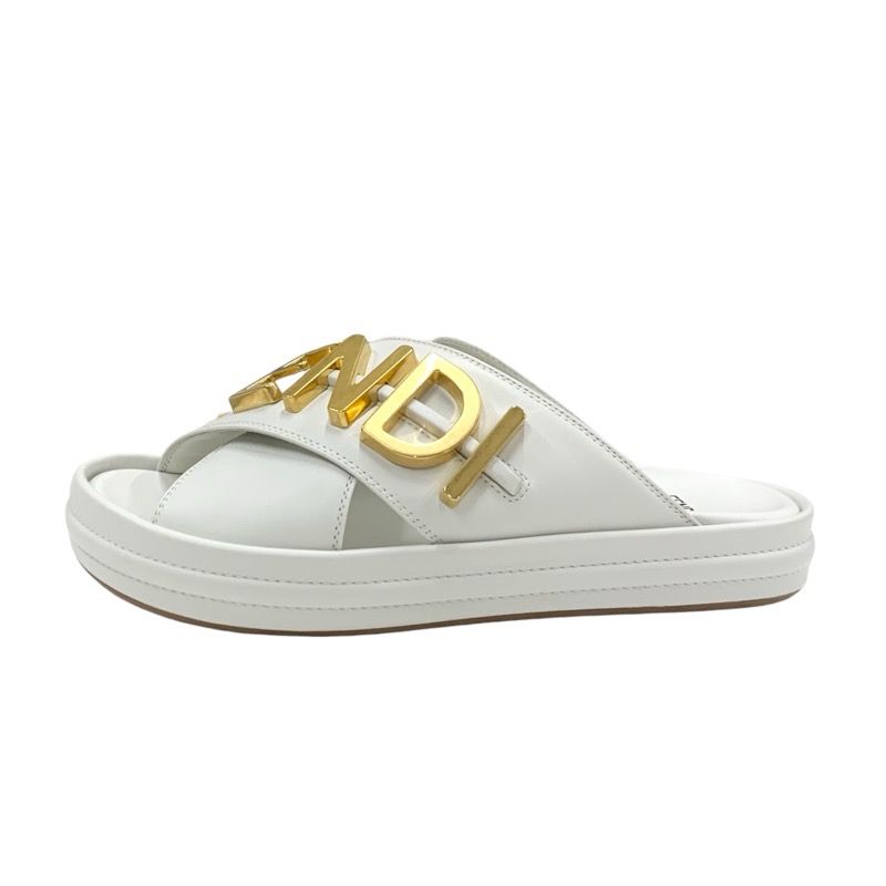 Fendi Sandals Shoes Leather White Gold Metal Logo