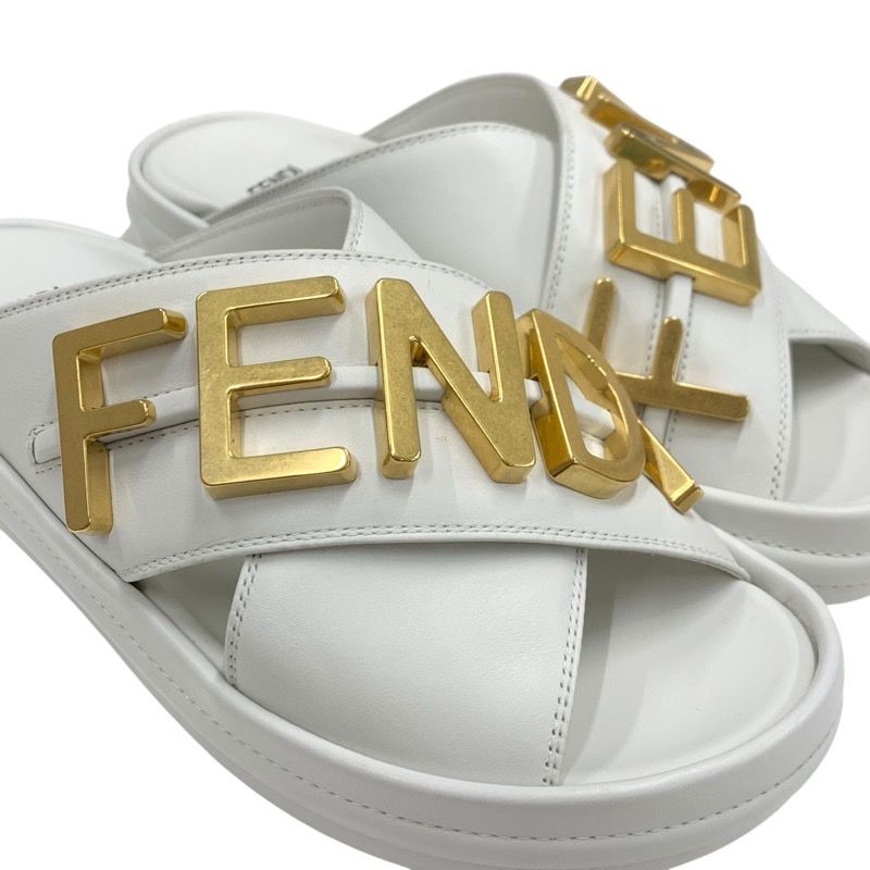 Fendi Sandals Shoes Leather White Gold Metal Logo