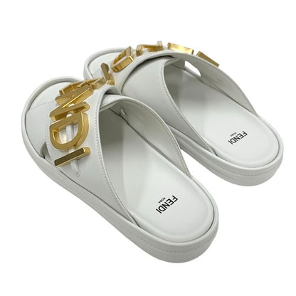 Fendi Sandals Shoes Leather White Gold Metal Logo