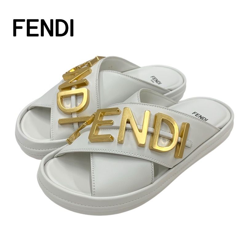 Fendi Sandals Shoes Leather White Gold Metal Logo