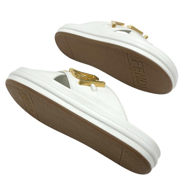 Fendi Sandals Shoes Leather White Gold Metal Logo