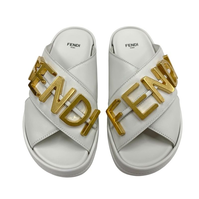 Fendi Sandals Shoes Leather White Gold Metal Logo