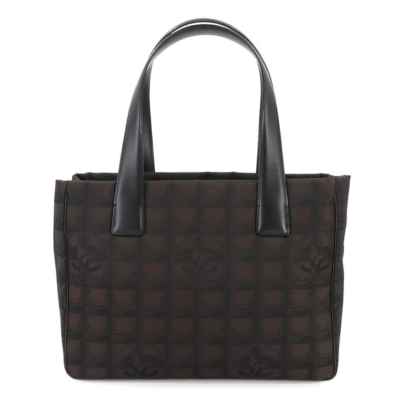 Exhibited Chanel New Travel Line Tote PM Bag Nylon Jacquard Leather Dark Brown