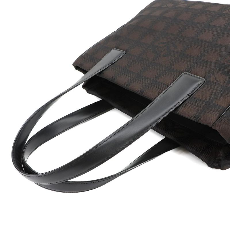 Exhibited Chanel New Travel Line Tote PM Bag Nylon Jacquard Leather Dark Brown