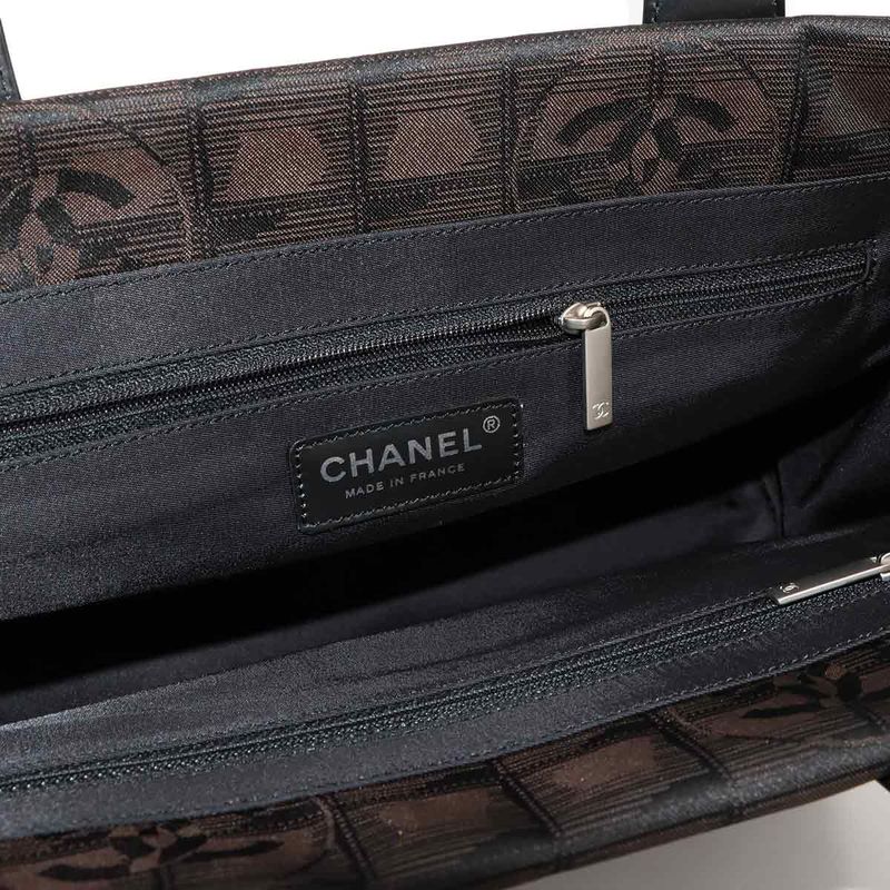 Exhibited Chanel New Travel Line Tote PM Bag Nylon Jacquard Leather Dark Brown