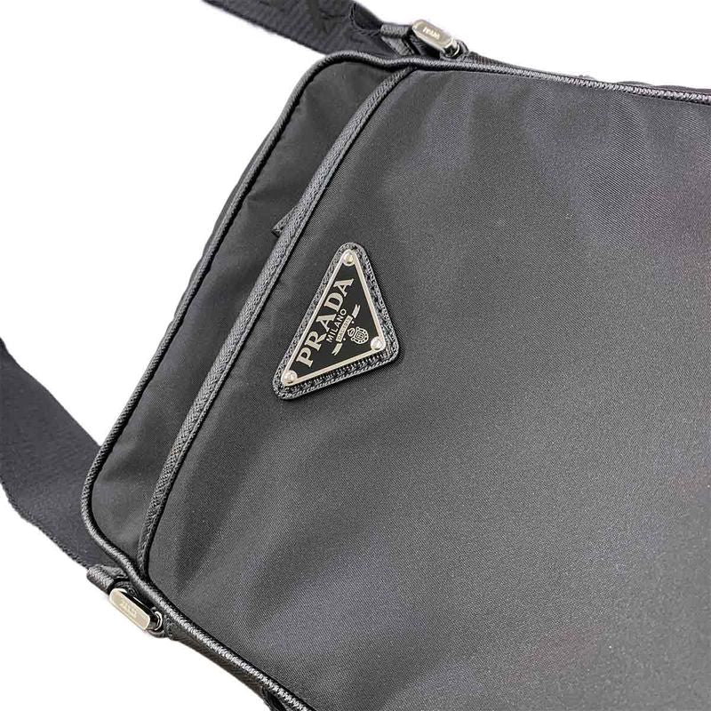 Prada Shoulder Bag Nylon Saffiano Leather Nero 2vh112 Silver Hardware Black