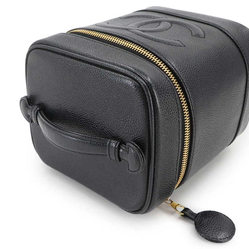Chanel Vanity Hand Bag Caviar Skin Leather Black A01998 Coco Mark Gold Hardware