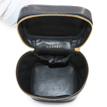 Chanel Vanity Hand Bag Caviar Skin Leather Black A01998 Coco Mark Gold Hardware