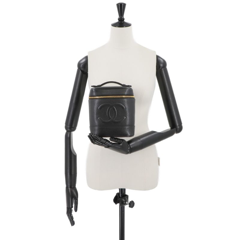 Chanel Vanity Hand Bag Caviar Skin Leather Black A01998 Coco Mark Gold Hardware