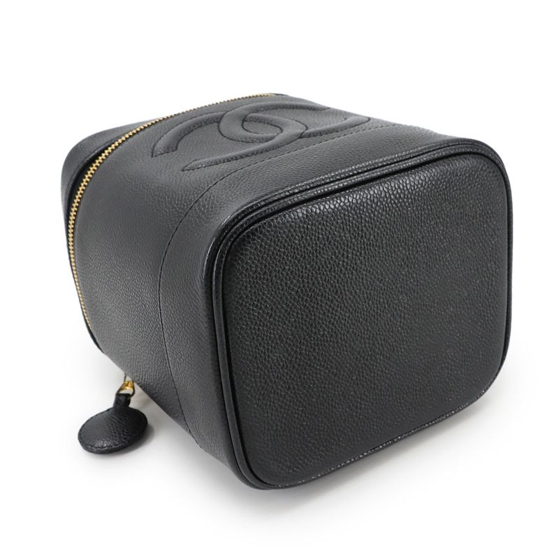 Chanel Vanity Hand Bag Caviar Skin Leather Black A01998 Coco Mark Gold Hardware