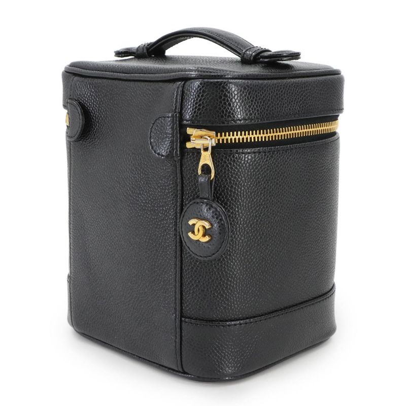 Chanel Vanity Hand Bag Caviar Skin Leather Black A01998 Coco Mark Gold Hardware