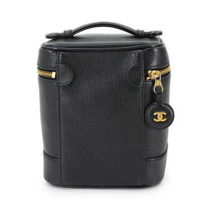 Chanel Vanity Hand Bag Caviar Skin Leather Black A01998 Coco Mark Gold Hardware