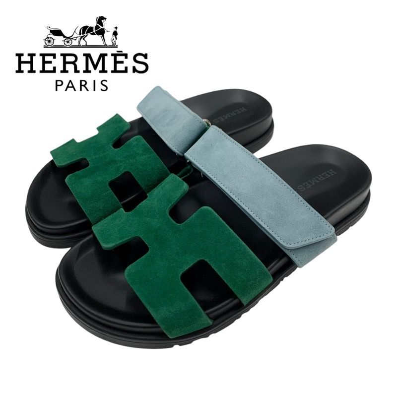 Hermes Chypre Sandals Shoes Suede Green Light Blue Flat Sandals Mules
