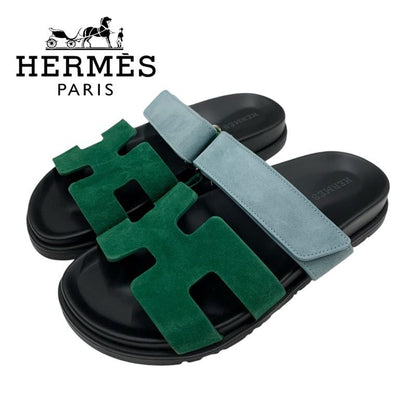 Hermes Chypre Sandals Shoes Suede Green Light Blue Flat Sandals Mules