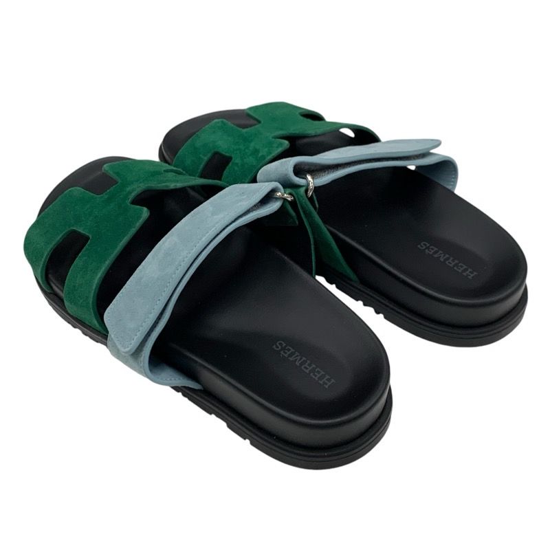 Hermes Chypre Sandals Shoes Suede Green Light Blue Flat Sandals Mules