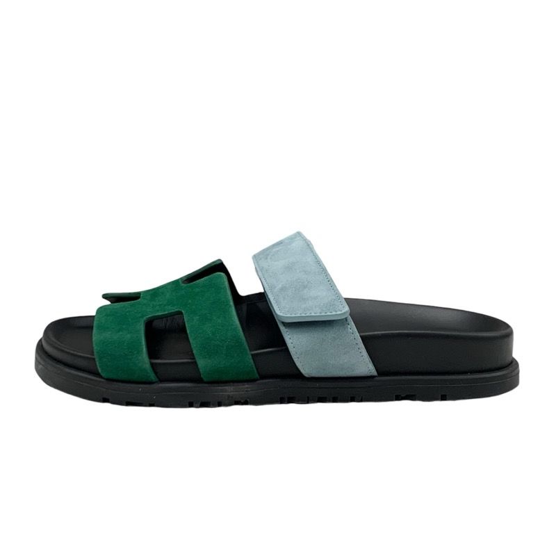 Hermes Chypre Sandals Shoes Suede Green Light Blue Flat Sandals Mules