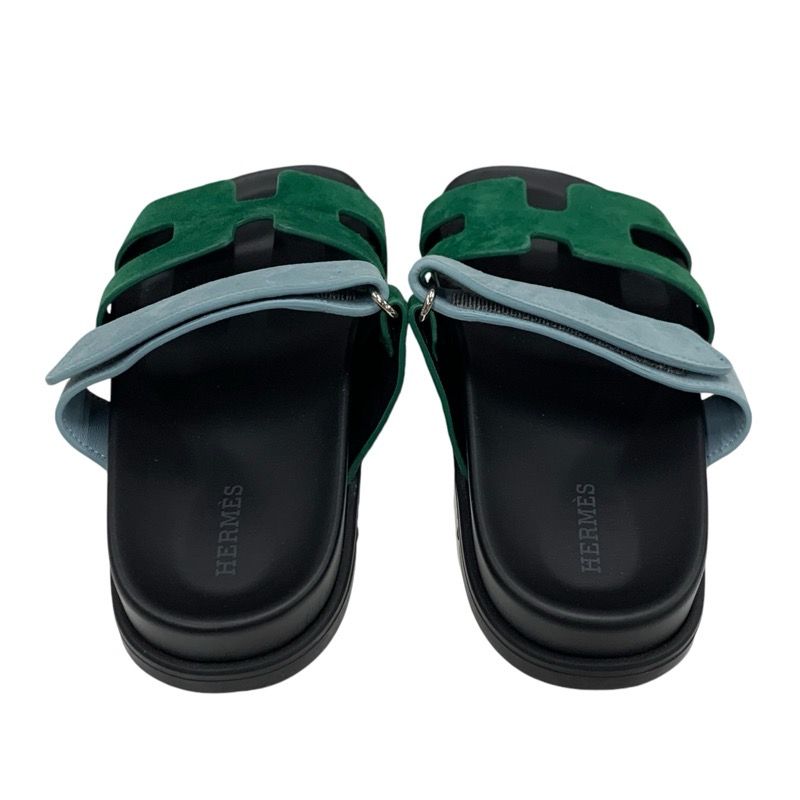 Hermes Chypre Sandals Shoes Suede Green Light Blue Flat Sandals Mules