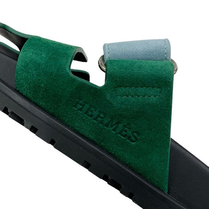 Hermes Chypre Sandals Shoes Suede Green Light Blue Flat Sandals Mules