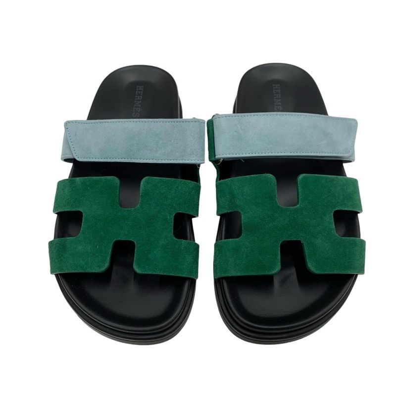 Hermes Chypre Sandals Shoes Suede Green Light Blue Flat Sandals Mules
