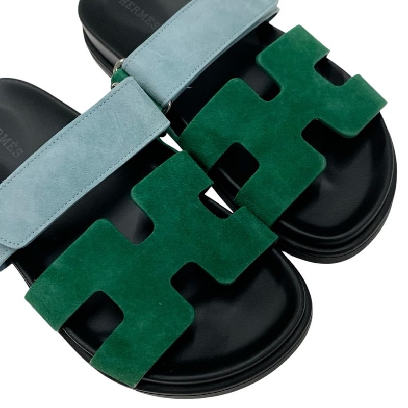 Hermes Chypre Sandals Shoes Suede Green Light Blue Flat Sandals Mules