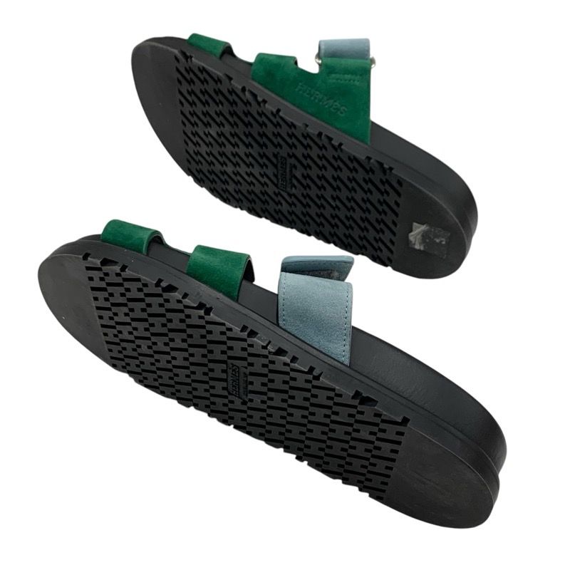 Hermes Chypre Sandals Shoes Suede Green Light Blue Flat Sandals Mules