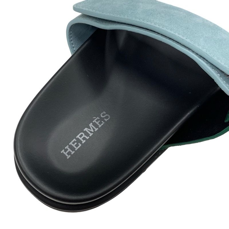 Hermes Chypre Sandals Shoes Suede Green Light Blue Flat Sandals Mules