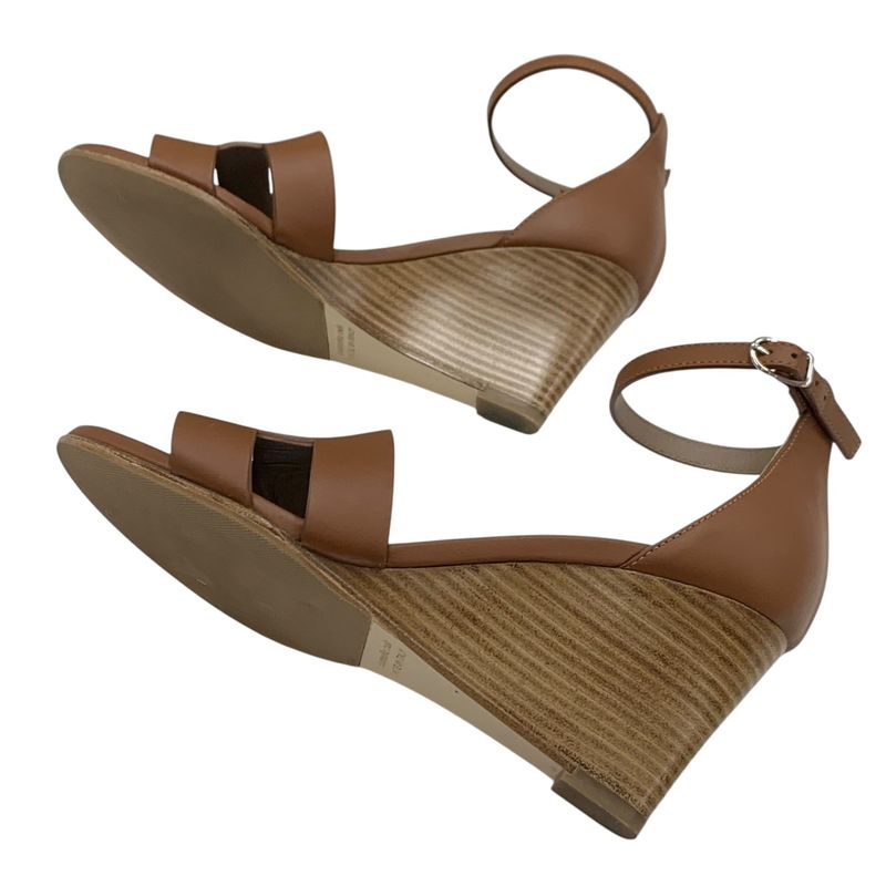 Hermes Legend Sandals Shoes Leather Brown Wedge Sole Ankle Strap