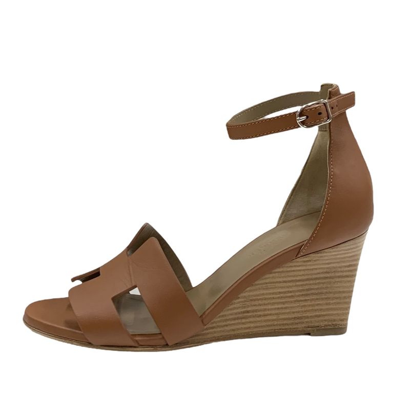 Hermes Legend Sandals Shoes Leather Brown Wedge Sole Ankle Strap