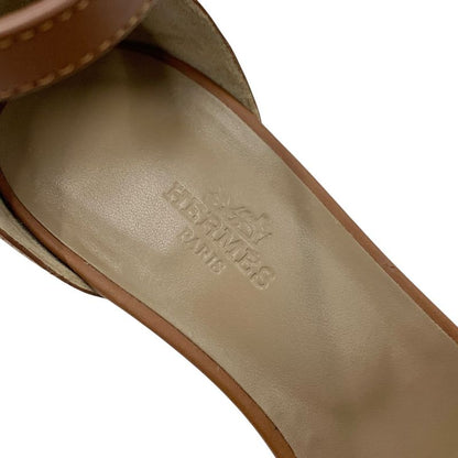 Hermes Legend Sandals Shoes Leather Brown Wedge Sole Ankle Strap