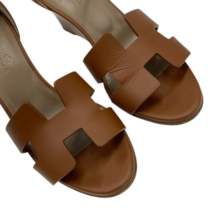 Hermes Legend Sandals Shoes Leather Brown Wedge Sole Ankle Strap