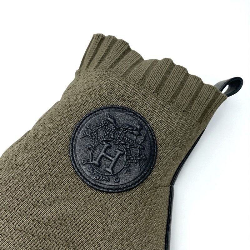 Hermes Volver Boots Short Shoes Fabric Leather Khaki Knit Exlibris