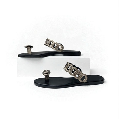 Hermes Eos Sandals Shoes Leather Black Metallic Chaine D'ancre Flat