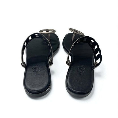 Hermes Eos Sandals Shoes Leather Black Metallic Chaine D'ancre Flat