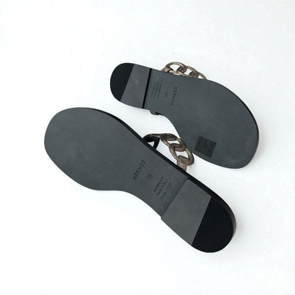 Hermes Eos Sandals Shoes Leather Black Metallic Chaine D'ancre Flat