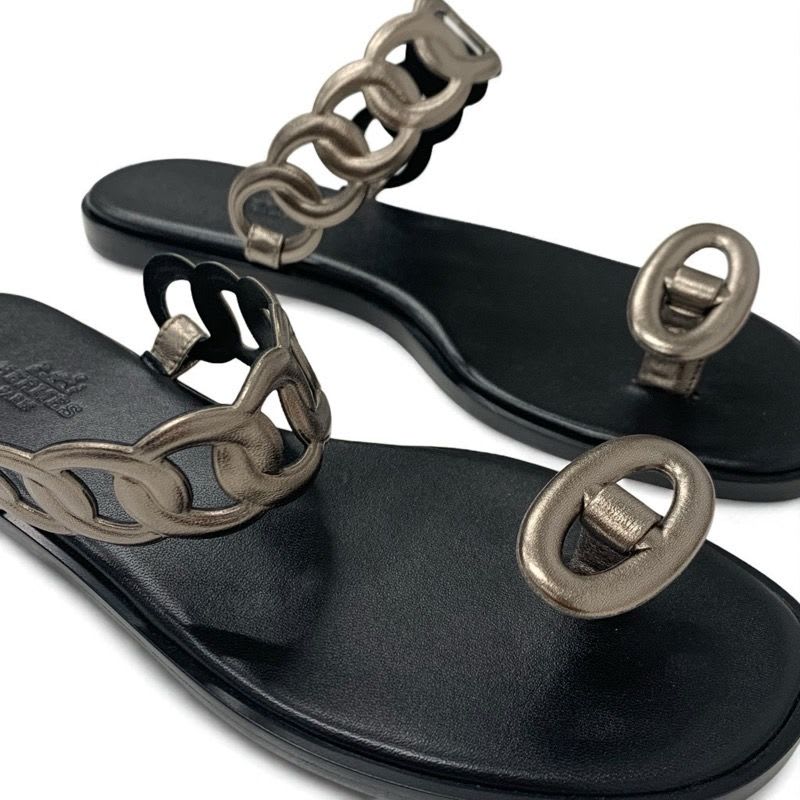 Hermes Eos Sandals Shoes Leather Black Metallic Chaine D'ancre Flat