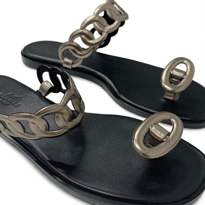 Hermes Eos Sandals Shoes Leather Black Metallic Chaine D'ancre Flat