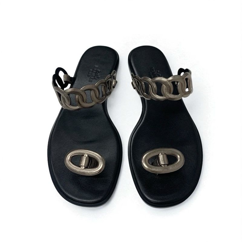 Hermes Eos Sandals Shoes Leather Black Metallic Chaine D'ancre Flat