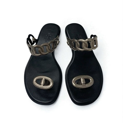Hermes Eos Sandals Shoes Leather Black Metallic Chaine D'ancre Flat