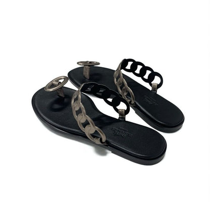 Hermes Eos Sandals Shoes Leather Black Metallic Chaine D'ancre Flat