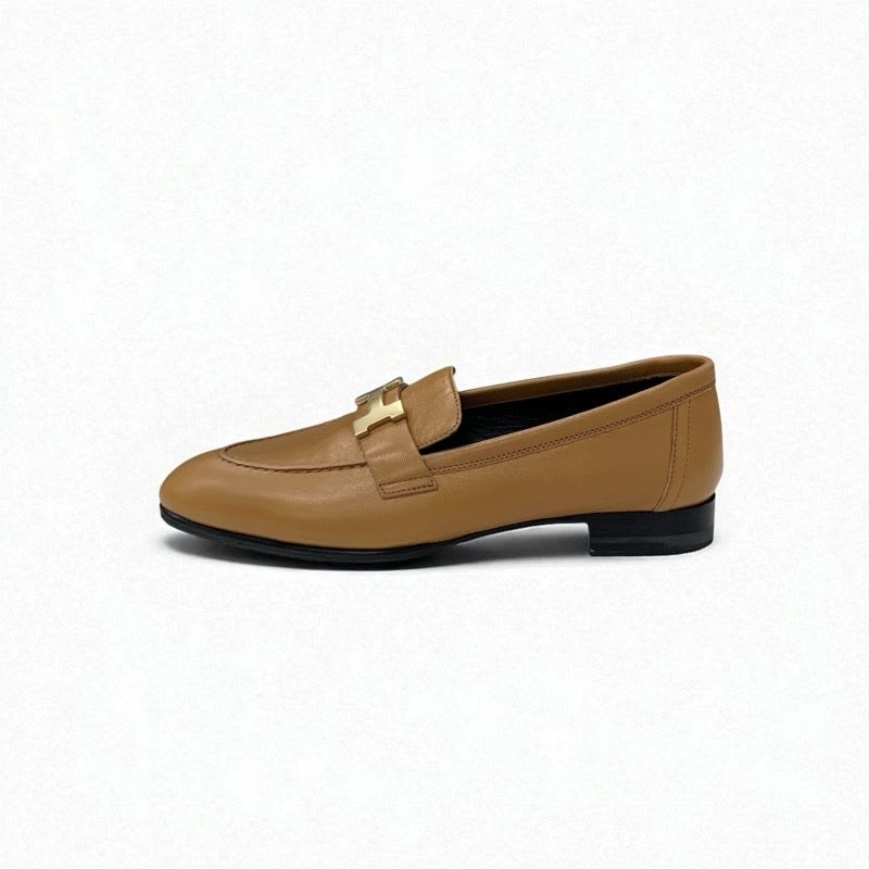 Hermes Paris Loafer Leather Shoes Natural Moccasins Hhardware
