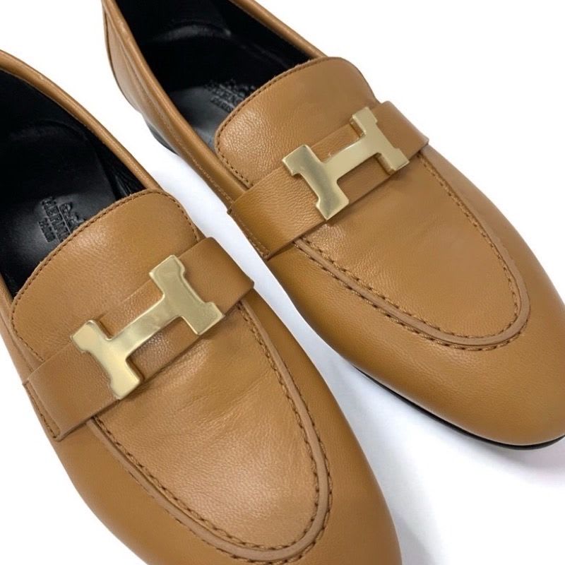 Hermes Paris Loafer Leather Shoes Natural Moccasins Hhardware