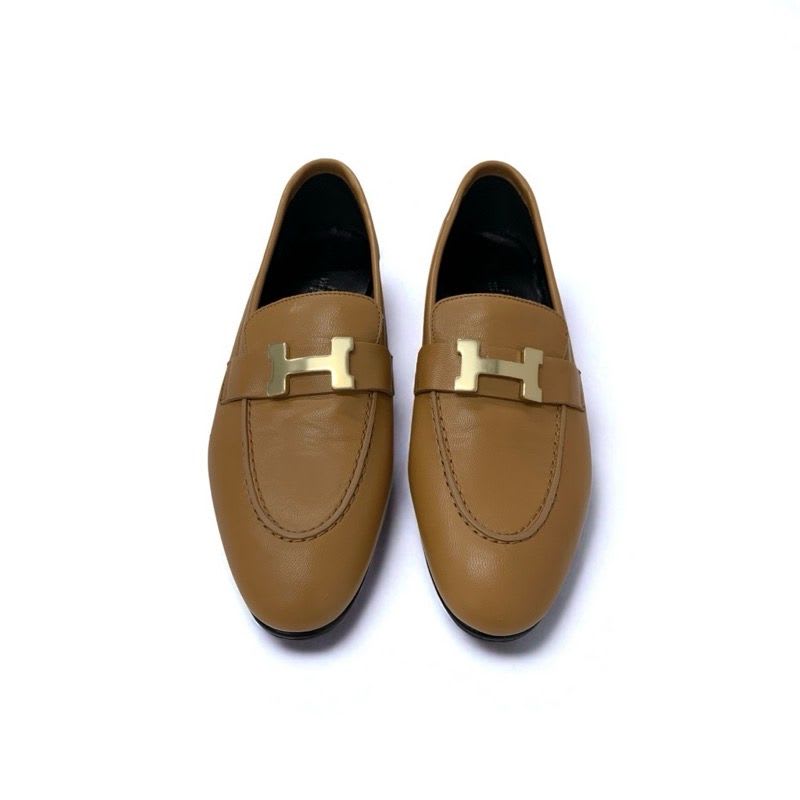 Hermes Paris Loafer Leather Shoes Natural Moccasins Hhardware